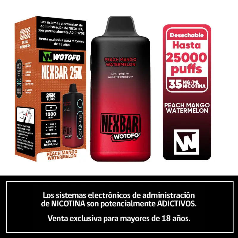 Vaporizador Desechable Nexbar 25000 puffs Peach Mango Watermelon