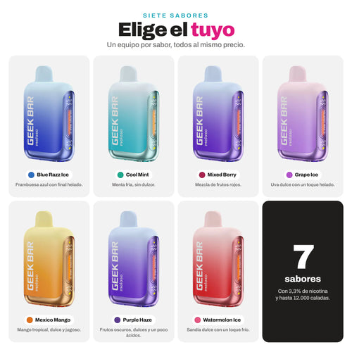 Los siete sabores del Geek Bar Meloso Max 2: Blue Razz Ice, Cool Mint, Grape Ice, Mexico Mango, Mixed Berry, Purple Haze y Watermelon Ice