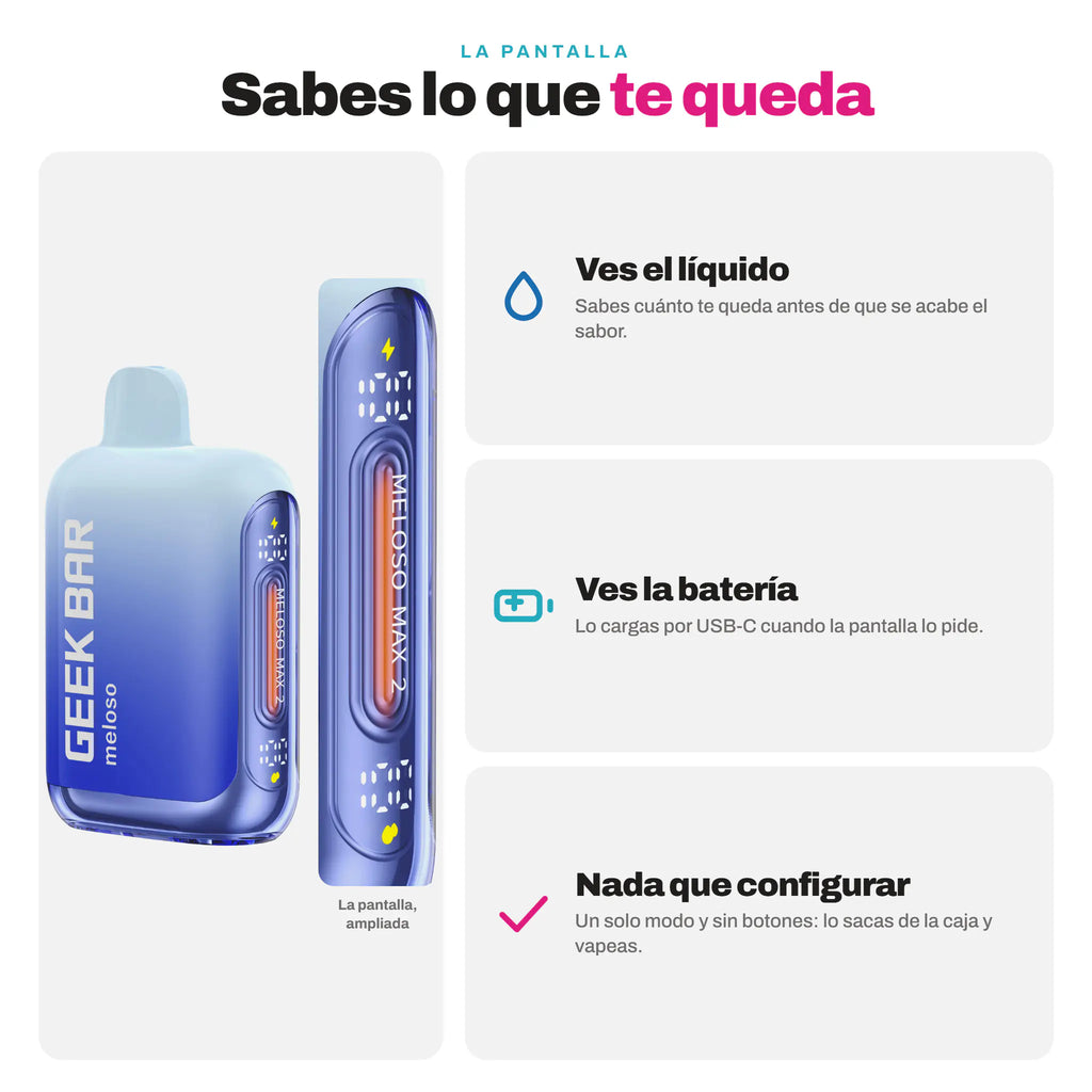 La pantalla del Geek Bar Meloso Max 2 ampliada: muestra el nivel de líquido y de batería, con un solo modo y sin botones