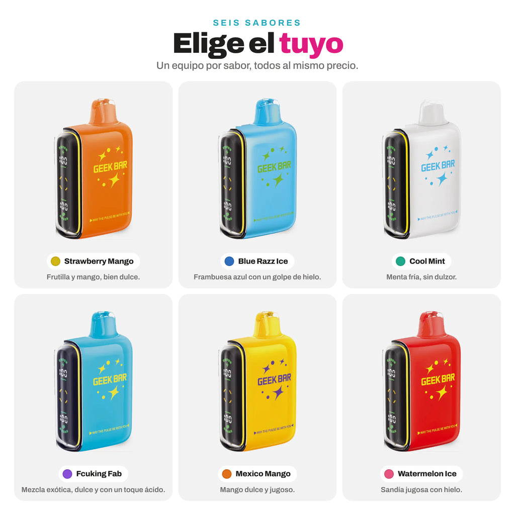 Los seis sabores del Geek Bar Pulse 15000: Strawberry Mango, Blue Razz Ice, Cool Mint, Fcuking Fab, Mexico Mango y Watermelon Ice