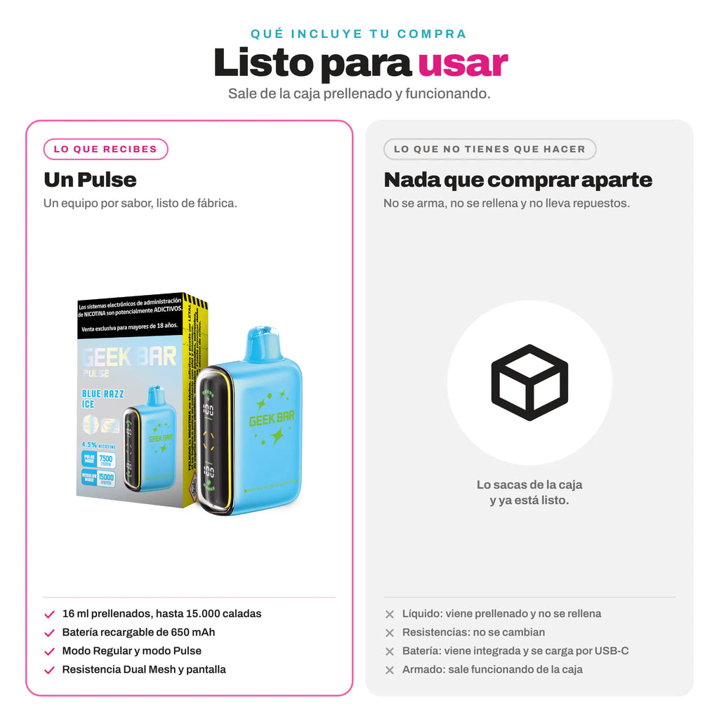 Qué incluye la compra del Geek Bar Pulse 15000: un vaper prellenado con 16 ml y batería de 650 mAh en su caja, sin nada que comprar aparte
