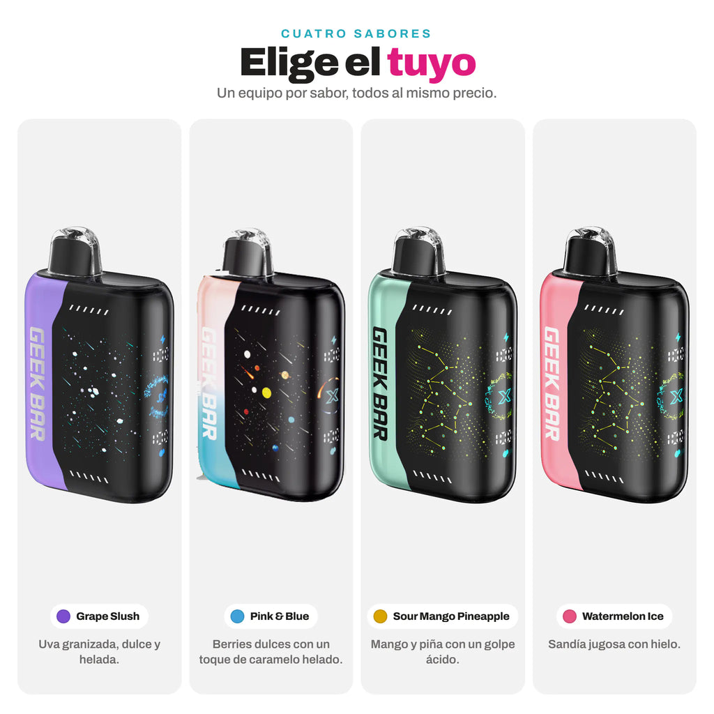 Los cuatro sabores del Geek Bar Pulse X 25000: Grape Slush, Pink & Blue, Sour Mango Pineapple y Watermelon Ice