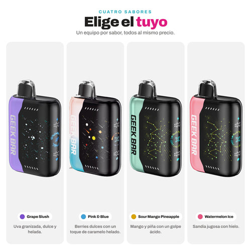Los cuatro sabores del Geek Bar Pulse X 25000: Grape Slush, Pink & Blue, Sour Mango Pineapple y Watermelon Ice