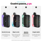 Cómo funciona el Geek Bar Pulse X 25000 en cuatro pasos: se saca de la caja, se elige el modo, se ajusta la potencia y se carga rápido por USB-C
