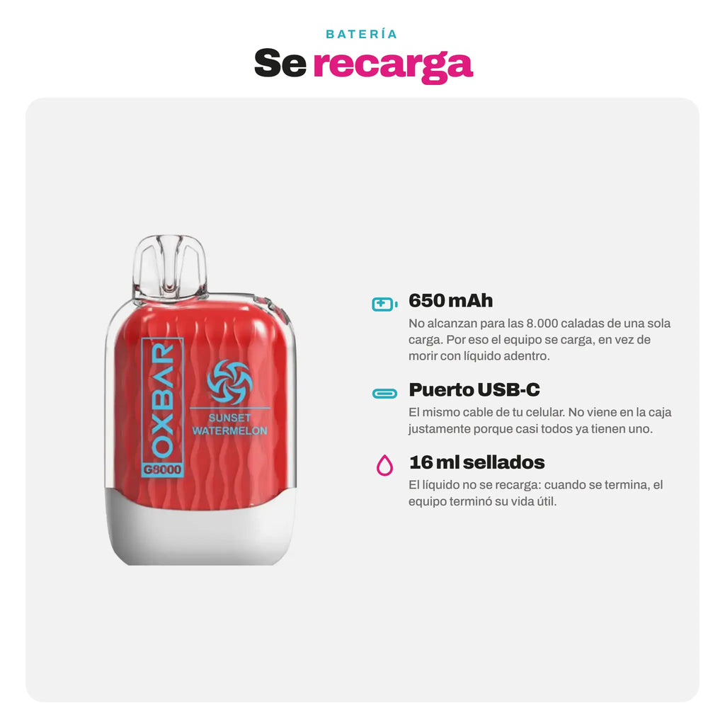 Batería recargable del Oxbar G8000 Zero: 650 mAh, puerto USB-C y 16 ml de líquido sellado
