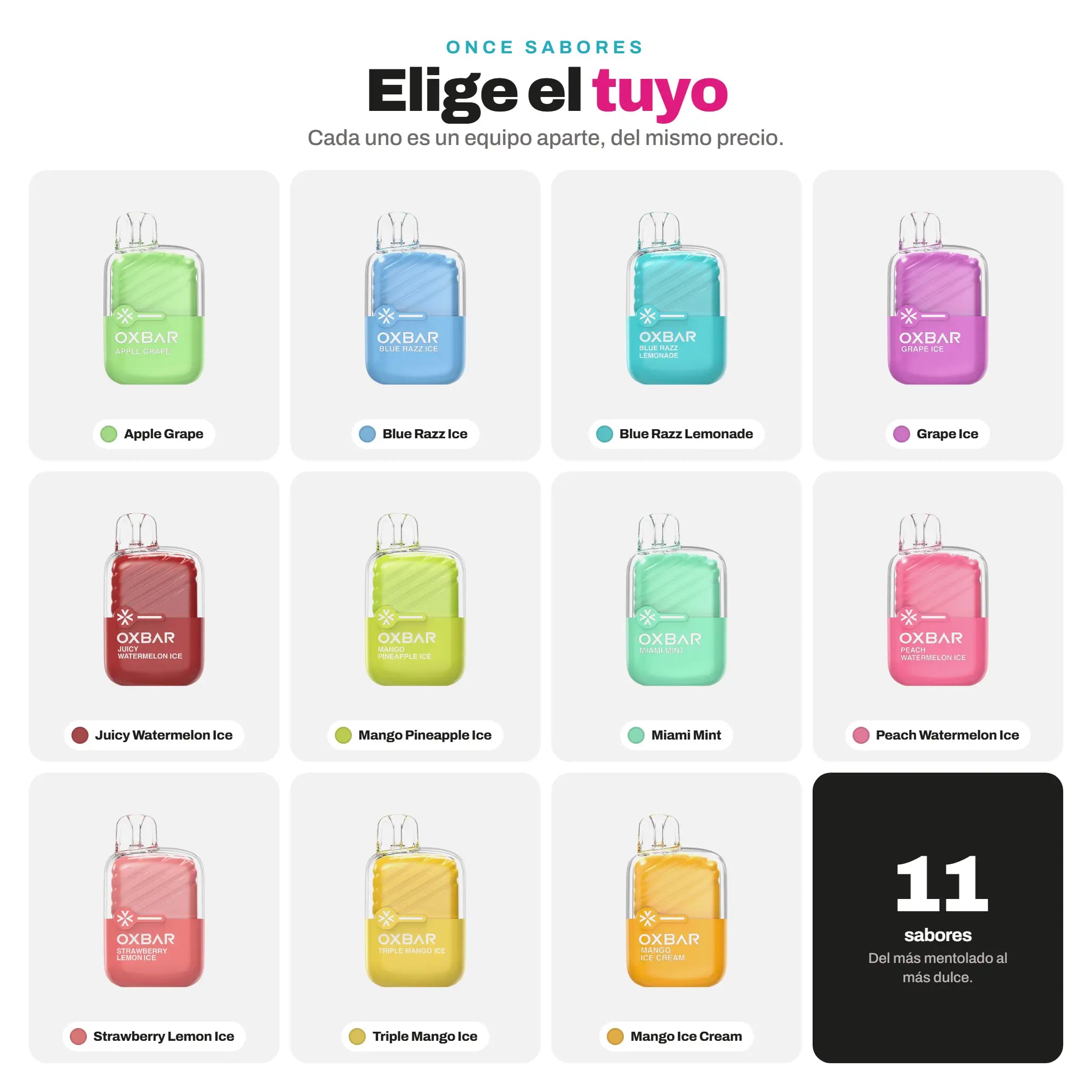 Los once sabores del Oxbar Mini 2200: Apple Grape, Blue Razz Ice, Blue Razz Lemonade, Grape Ice, Juicy Watermelon Ice, Mango Pineapple Ice, Miami Mint, Peach Watermelon Ice, Strawberry Lemon Ice, Triple Mango Ice y Mango Ice Cream