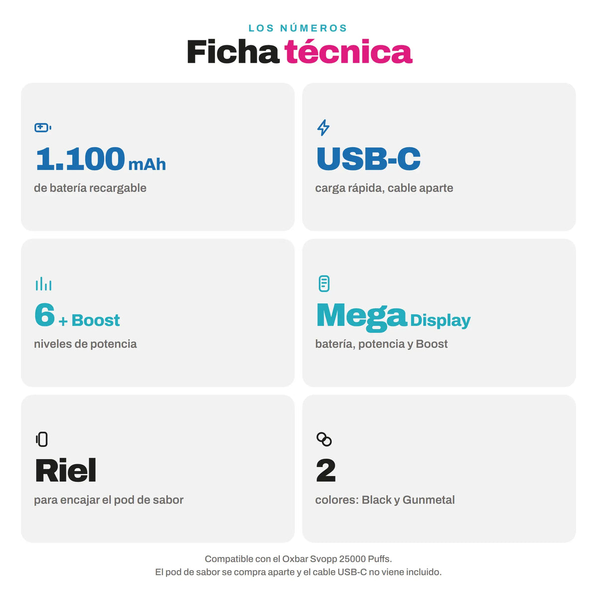 Batería Recargable Oxbar Svopp 25000 Puffs - Ficha Tecnica