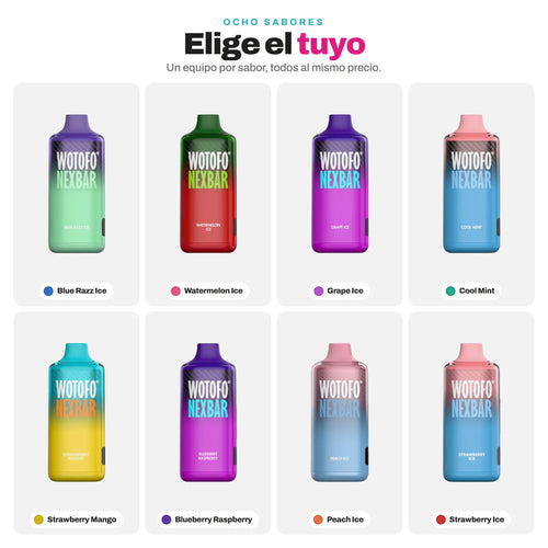Los ocho sabores del Wotofo Nexbar 10000: Blue Razz Ice, Watermelon Ice, Grape Ice, Cool Mint, Strawberry Mango, Blueberry Raspberry, Peach Ice y Strawberry Ice
